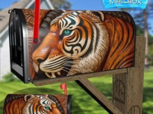 Tooled Leather Tiger Design Decorative Rural Farm Mailbox Cover