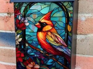 Stained Glass Female Cardinal Design Colonial Mailbox Cover