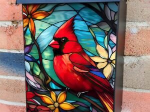 Stained Glass Male Cardinal Design Colonial Mailbox Cover