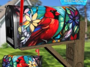 Stained Glass Male Cardinal Design Decorative Rural Farm Mailbox Cover