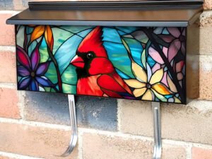 Stained Glass Male Cardinal Design Townhouse Mailbox Cover