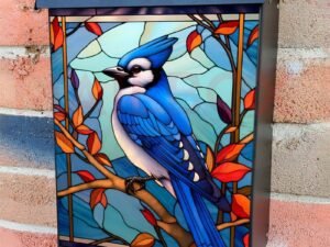 Stained Glass Blue Jay Design Colonial Mailbox Cover
