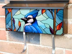 Stained Glass Blue Jay Design Townhouse Mailbox Cover