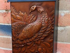 Tooled Leather Peacock Design Colonial Mailbox Cover