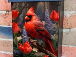 Beautiful  Cardinal and Tulips Colonial Mailbox Cover