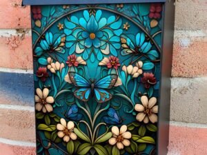 Stained Glass Blue Butterfly Design Colonial Mailbox Cover
