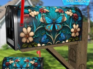Stained Glass Blue Butterfly Design Decorative Rural Farm Mailbox Cover