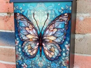 Stained Glass Butterfly and Roses Design Colonial Mailbox Cover