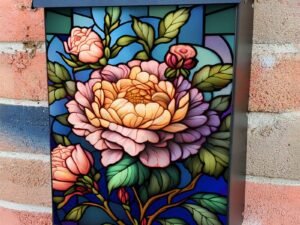 Stained Glass Dog Roses Design Colonial Mailbox Cover