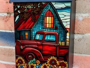 Stained Glass Barn Design Colonial Mailbox Cover