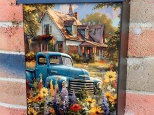 Farmhouse and an Old Blue Truck Colonial Mailbox Cover