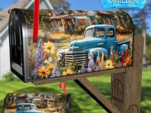 Farmhouse and an Old Blue Truck Decorative Rural Farm Mailbox Cover