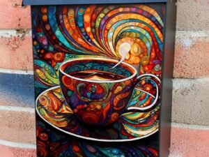 Stained Glass Coffee Cup Design Colonial Mailbox Cover