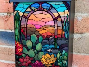 Stained Glass Blooming Desert Design Colonial Mailbox Cover