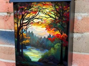 Stained Glass Lake Design Colonial Mailbox Cover