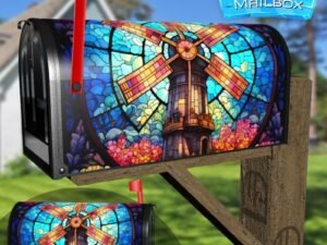 Stained Glass Windmill Design Decorative Rural Farm Mailbox Cover
