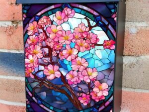 Stained Glass Cherry Tree Design Colonial Mailbox Cover