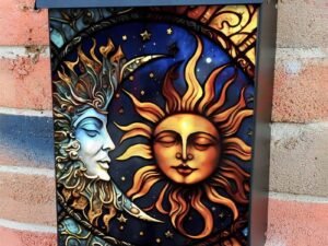 Stained Glass Sun and Moon Design Colonial Mailbox Cover