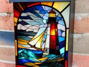 Stained Glass Lighthouse Design Colonial Mailbox Cover