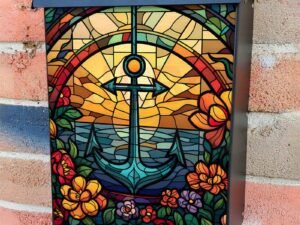 Stained Glass Anchor Design Colonial Mailbox Cover
