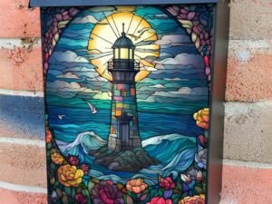 Stained Glass Lighthouse Design #2 Colonial Mailbox Cover