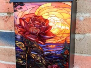 Stained Glass Summer Rose Design Colonial Mailbox Cover