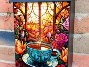 Stained Glass Coffee and Flowers Design Colonial Mailbox Cover