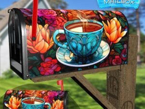 Stained Glass Coffee and Flowers Design Decorative Rural Farm Mailbox Cover