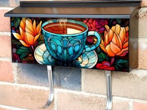 Stained Glass Coffee and Flowers Design Townhouse Mailbox Cover