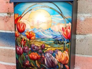 Stained Glass Tulip Field Design Colonial Mailbox Cover