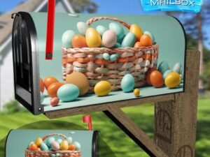 The Easter Basket With Colorful Eggs And A Few Candy Decorative Rural Farm Mailbox Cover
