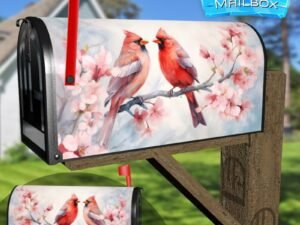 Pair Of Red Birds Northern Cardinals In Spring Nature Decorative Rural Farm Mailbox Cover