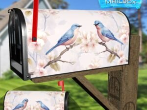 Pair Of Blue Birds In Spring Nature Pastel Color Style Decorative Rural Farm Mailbox Cover