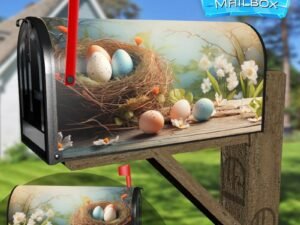 Easter Day Nest with Colorful Eggs and White Flowers Decorative Rural Farm Mailbox Cover