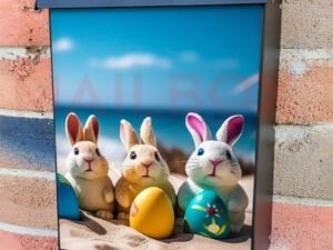Easter Bunnies And Colorful Easter Eggs On A Sand Beach Colonial Mailbox Cover