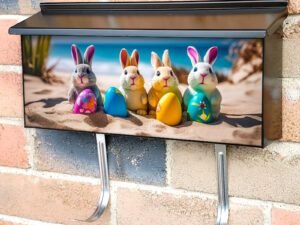 Easter Bunnies And Colorful Easter Eggs On A Sand Beach Townhouse Mailbox Cover