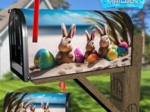 Easter Bunnies And Colorful Easter Eggs On A Sand Beach 2 Decorative Rural Farm Mailbox Cover