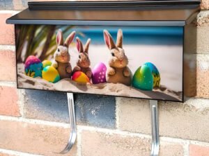 Easter Bunnies And Colorful Easter Eggs On A Sand Beach 2 Townhouse Mailbox Cover