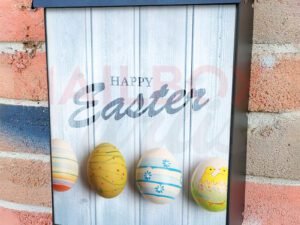 Colorful Easter Eggs On Blue Wooden Table Colonial Mailbox Cover