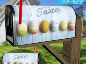 Colorful Easter Eggs On Blue Wooden Table Decorative Rural Farm Mailbox Cover