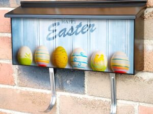 Colorful Easter Eggs On Blue Wooden Table Townhouse Mailbox Cover