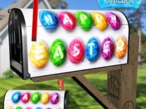 Colorful Easter Eggs on Wooden Table Decorative Rural Farm Mailbox Cover