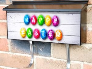 Colorful Easter Eggs on Wooden Table Townhouse Mailbox Cover