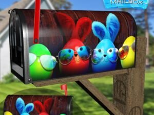 Colorful Easter Eggs in Sunglasses On Wooden Table Decorative Rural Farm Mailbox Cover