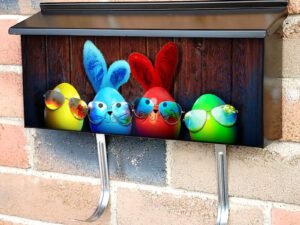 Colorful Easter Eggs in Sunglasses On Wooden Table Townhouse Mailbox Cover