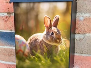 Decorated Easter Eggs And Cute Rabbit In Sunny Spring Meadow Colonial Mailbox Cover