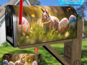 Decorated Easter Eggs And Cute Rabbit In Sunny Spring Meadow Decorative Rural Farm Mailbox Cover
