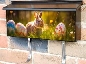 Decorated Easter Eggs And Cute Rabbit In Sunny Spring Meadow Townhouse Mailbox Cover