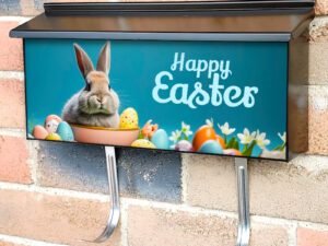 Cute Rabbit With Fancy Easter Eggs On Grass Townhouse Mailbox Cover