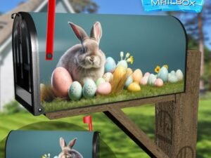 Cute Rabbit With Fancy Colorful Easter Eggs On Grass Decorative Rural Farm Mailbox Cover